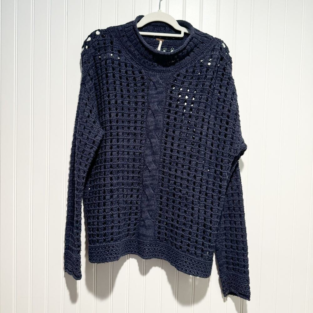 Free People Navy Blue Open Knit Cableknit Sweater Size Medium - Picture 2 of 6